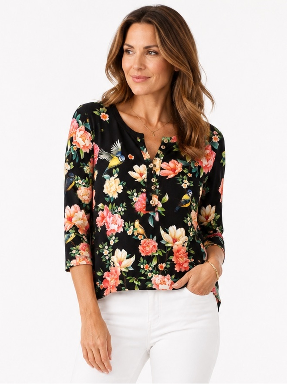 Johnny Was Los Angeles Floral Bird Henley Top XS Boho Rayon Knit